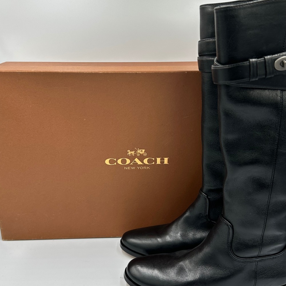 Coach Linette Calf Leather Riding Boots buckle‎ strap Black 5.5B NIB with Box